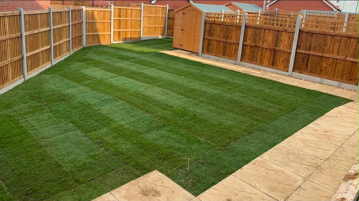 Freshly laid striped turf in a new-build garden — Circle Leaf's work